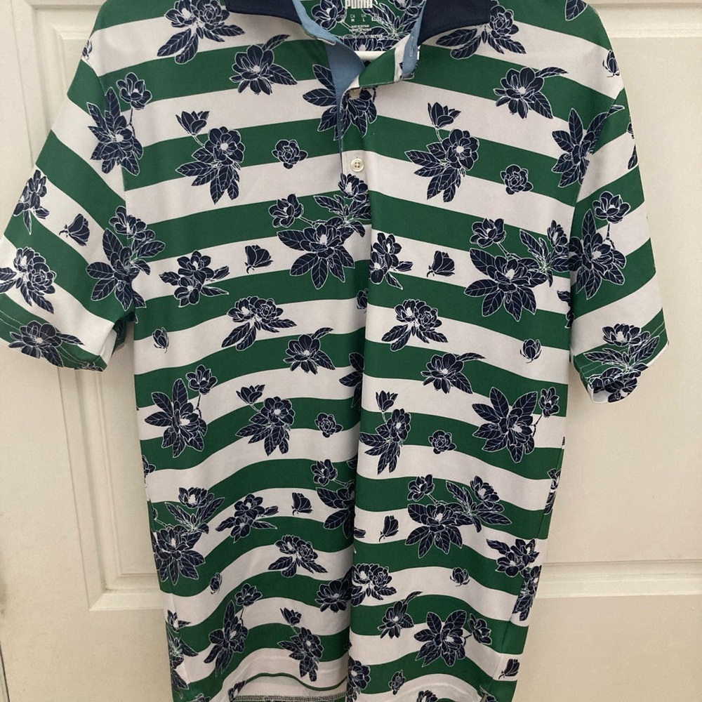 Puma Green and White Floral Patterned and Striped Polo Shirt